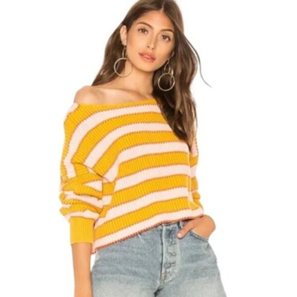 🎀NWOT Free People Just My Stripe Yellow Pink Striped Cropped Sweater - Picture 1 of 6